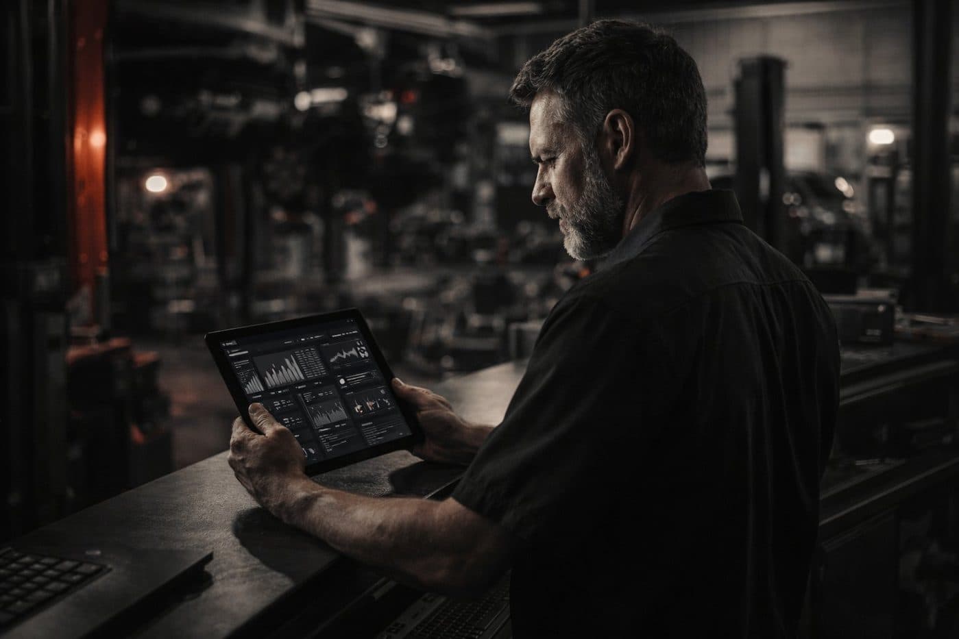 Dono de oficina analisando resultados de marketing digital